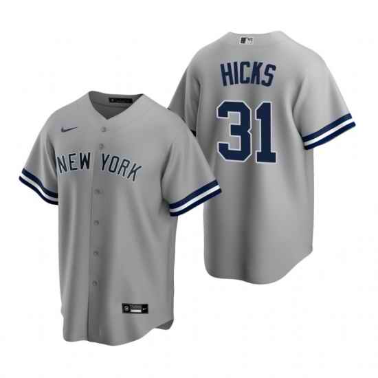 Mens Nike New York Yankees 31 Aaron Hicks Gray Road Stitched Baseball Jerse